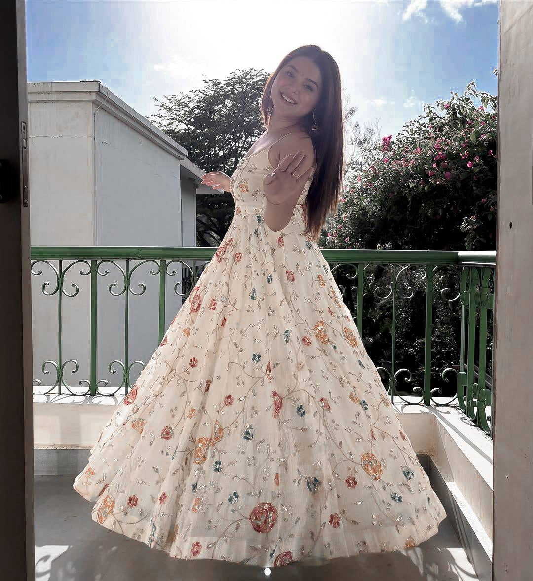 Womenline Ivory Floral Printed Anarkali Dress with Dupatta