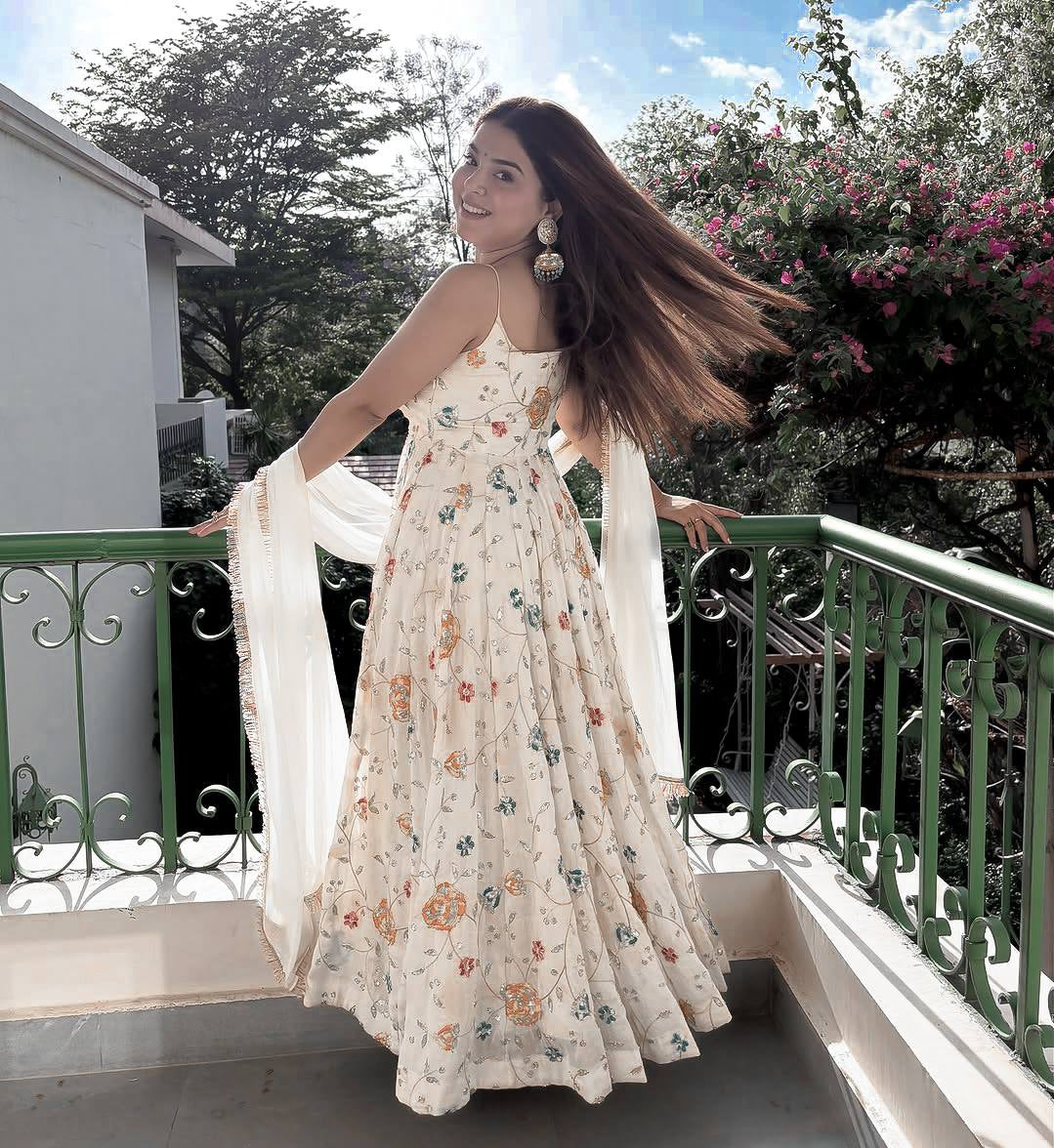 Womenline Ivory Floral Printed Anarkali Dress with Dupatta