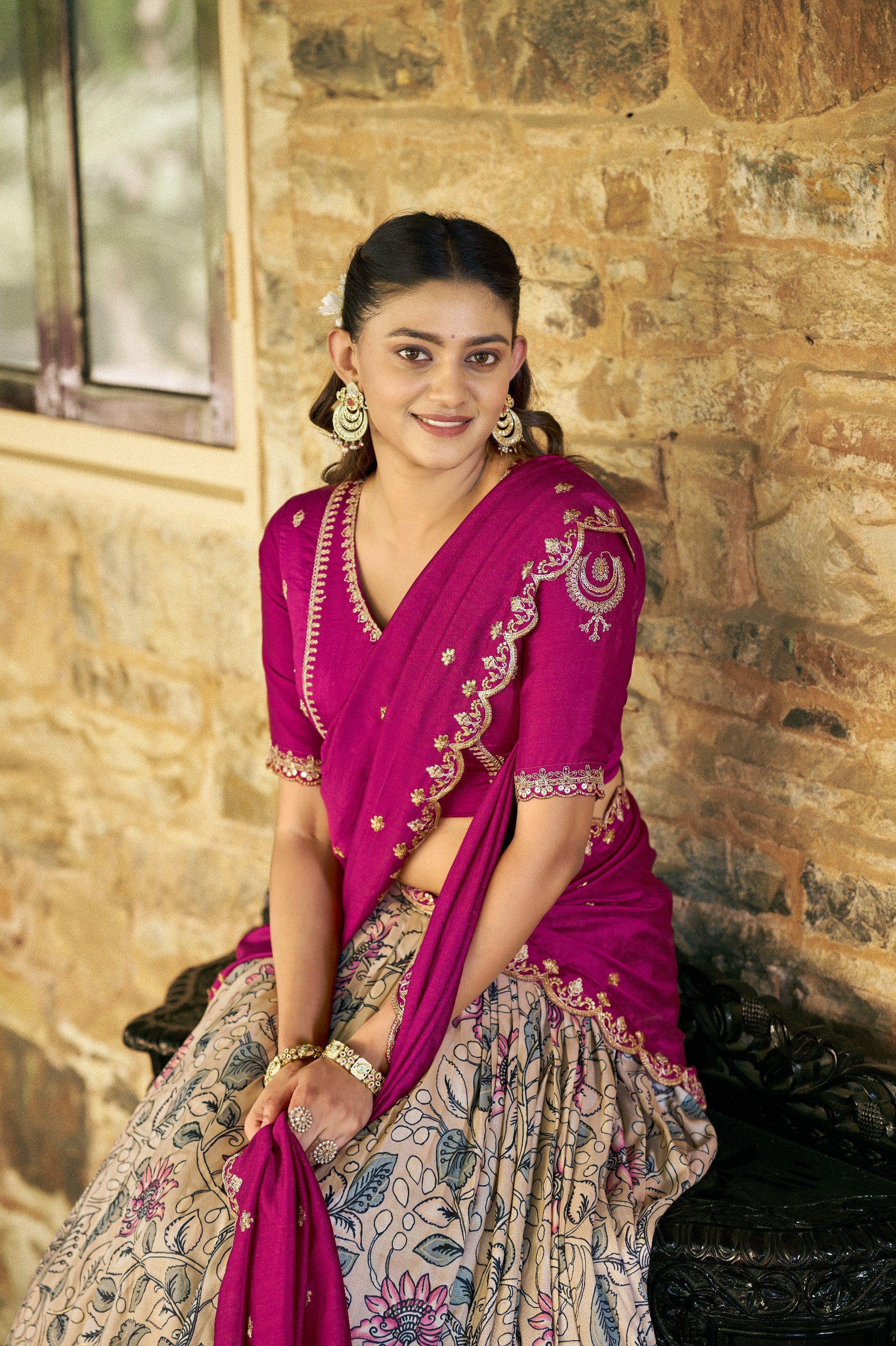 Womenline Cream Color Tussar Silk Kalamkari Printed Lehenga Choli