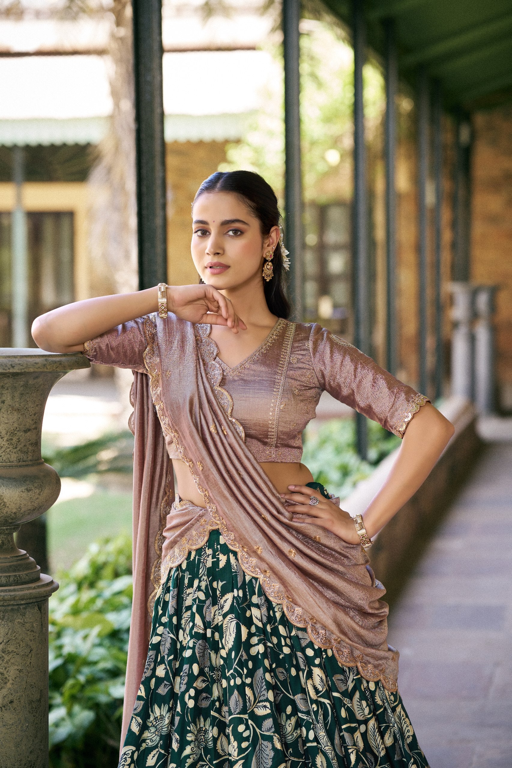 Womenline Green Color Tussar Silk Kalamkari Printed Lehenga Choli