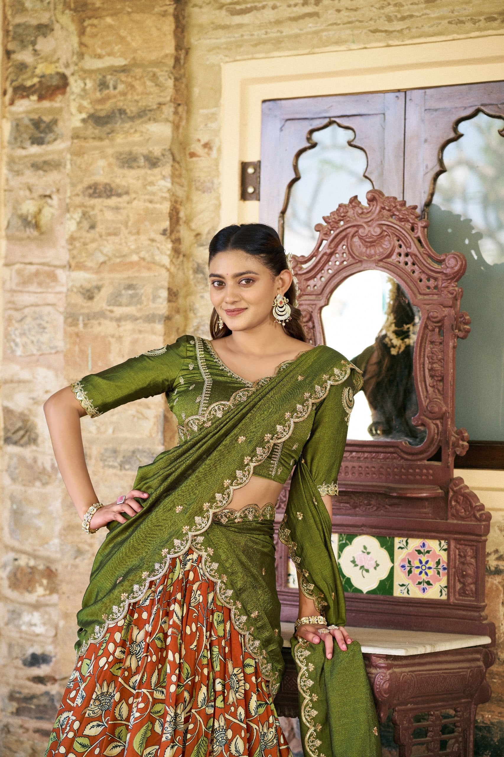 Womenline Royal Green Color Tussar Silk Kalamkari Printed Lehenga Choli