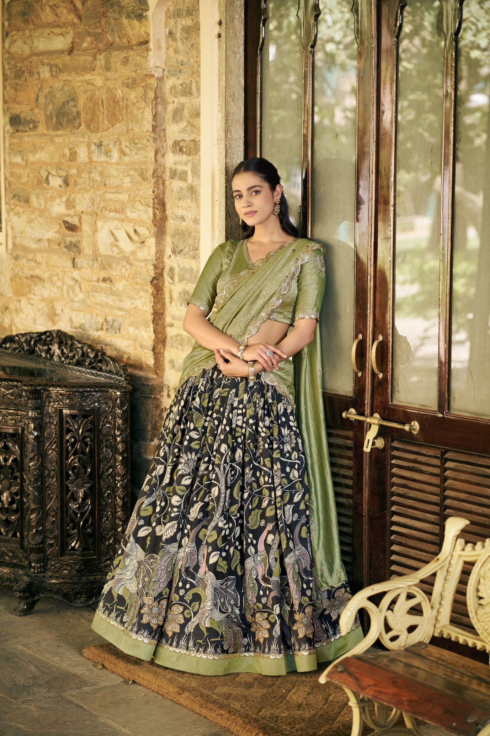 Womenline Black Color Tussar Silk Kalamkari Printed Lehenga Choli