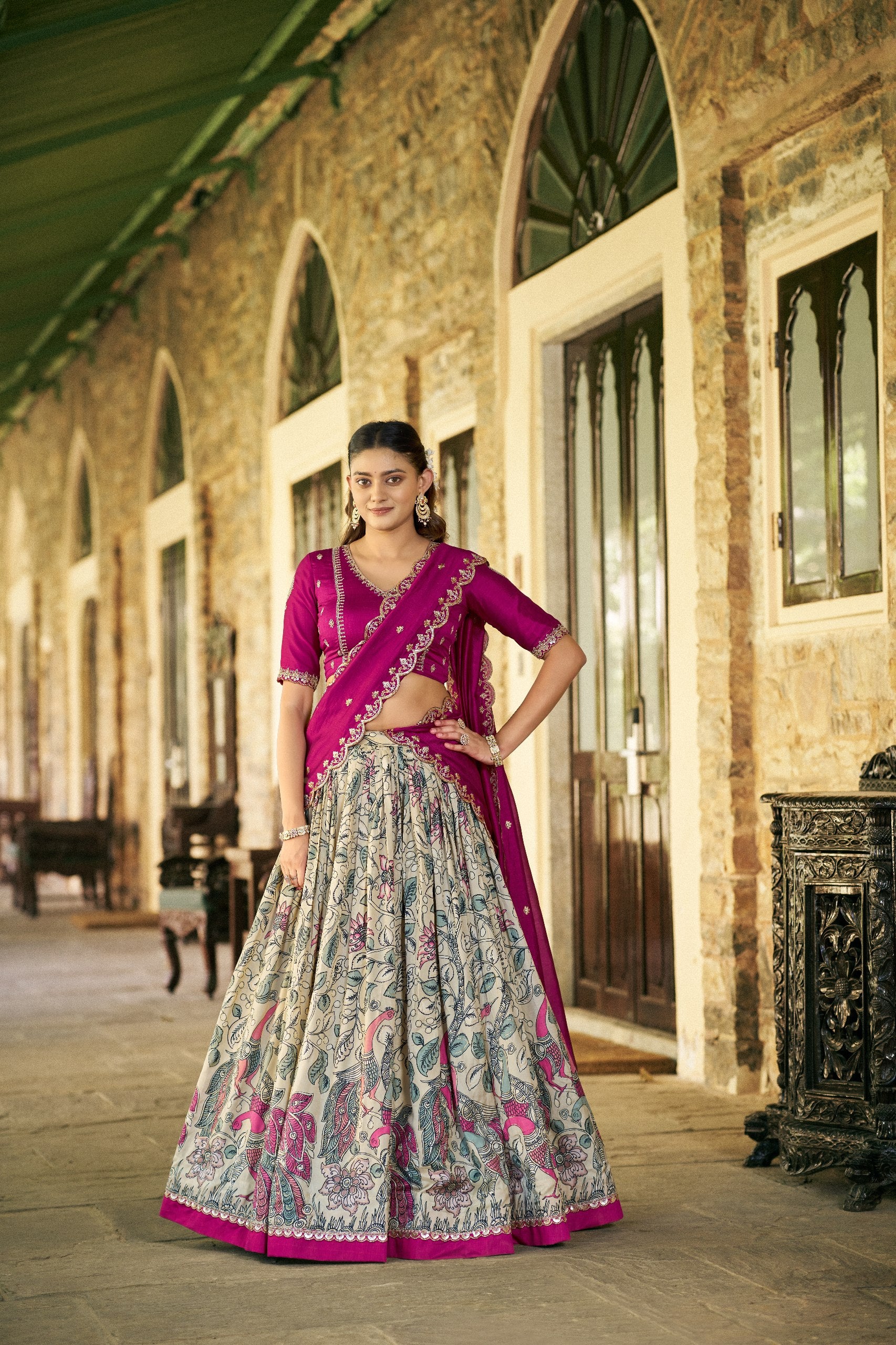Womenline Cream Color Tussar Silk Kalamkari Printed Lehenga Choli