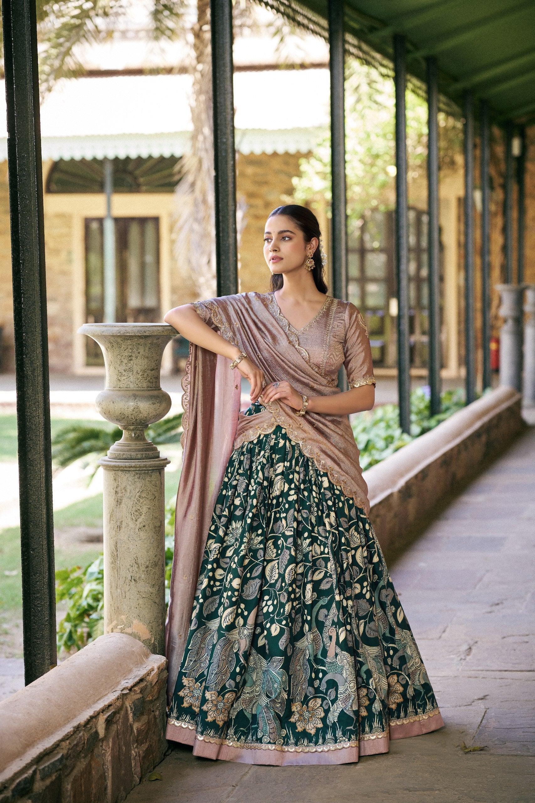 Womenline Green Color Tussar Silk Kalamkari Printed Lehenga Choli