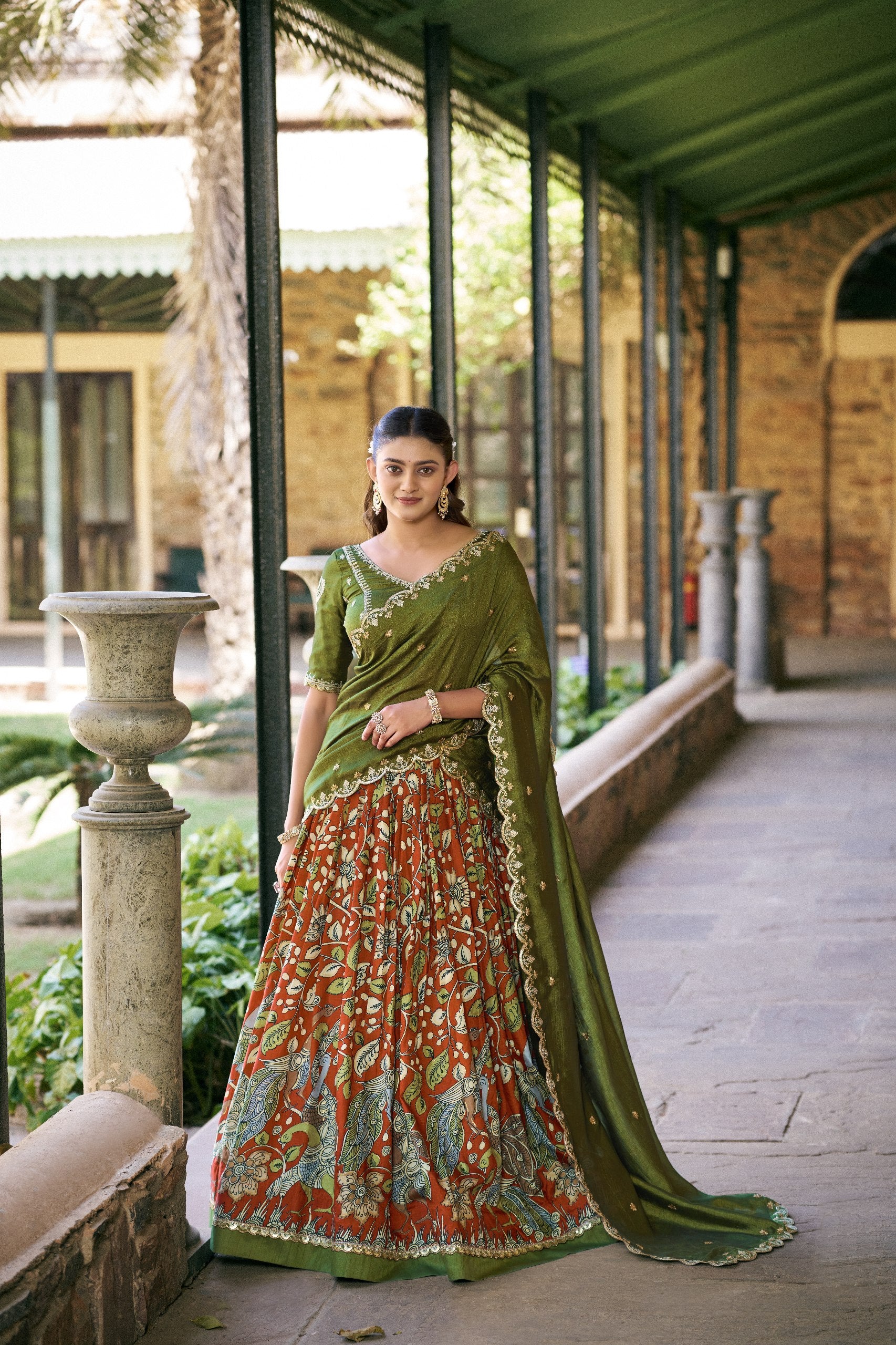 Womenline Royal Green Color Tussar Silk Kalamkari Printed Lehenga Choli