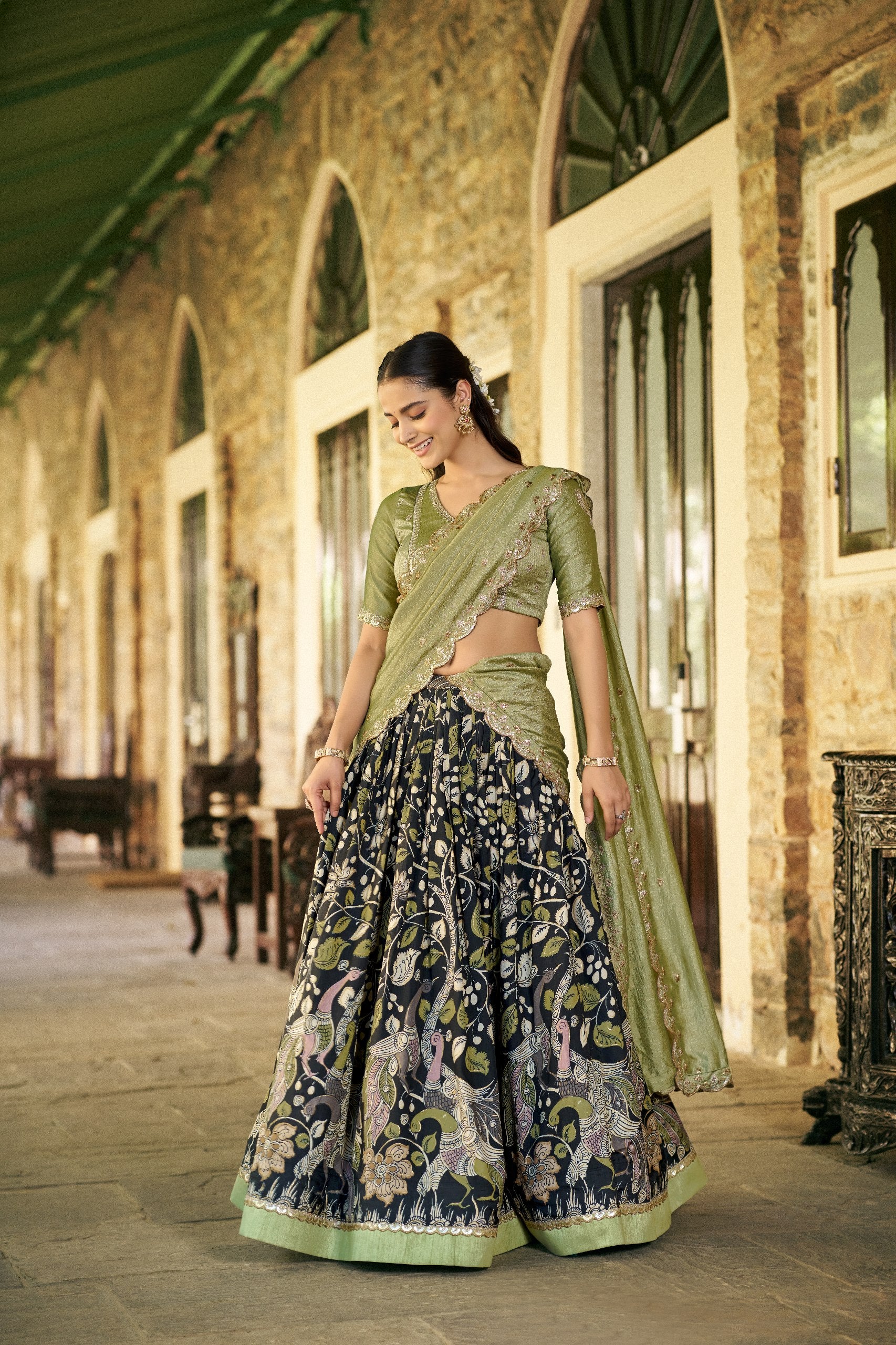 Womenline Black Color Tussar Silk Kalamkari Printed Lehenga Choli