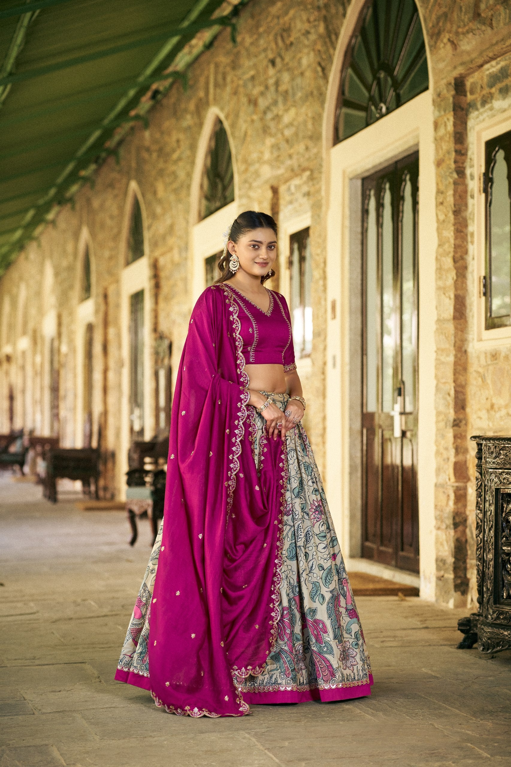 Womenline Cream Color Tussar Silk Kalamkari Printed Lehenga Choli
