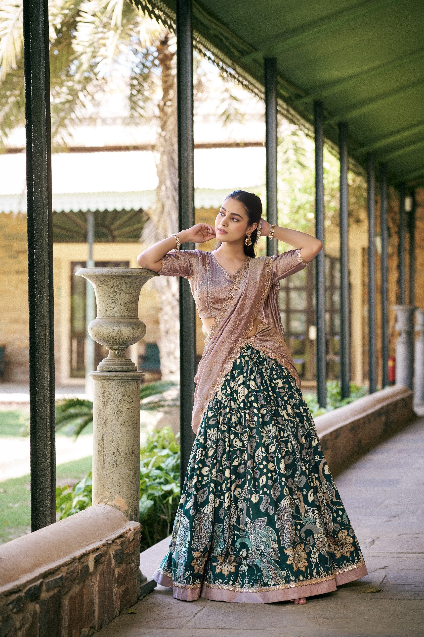 Womenline Green Color Tussar Silk Kalamkari Printed Lehenga Choli