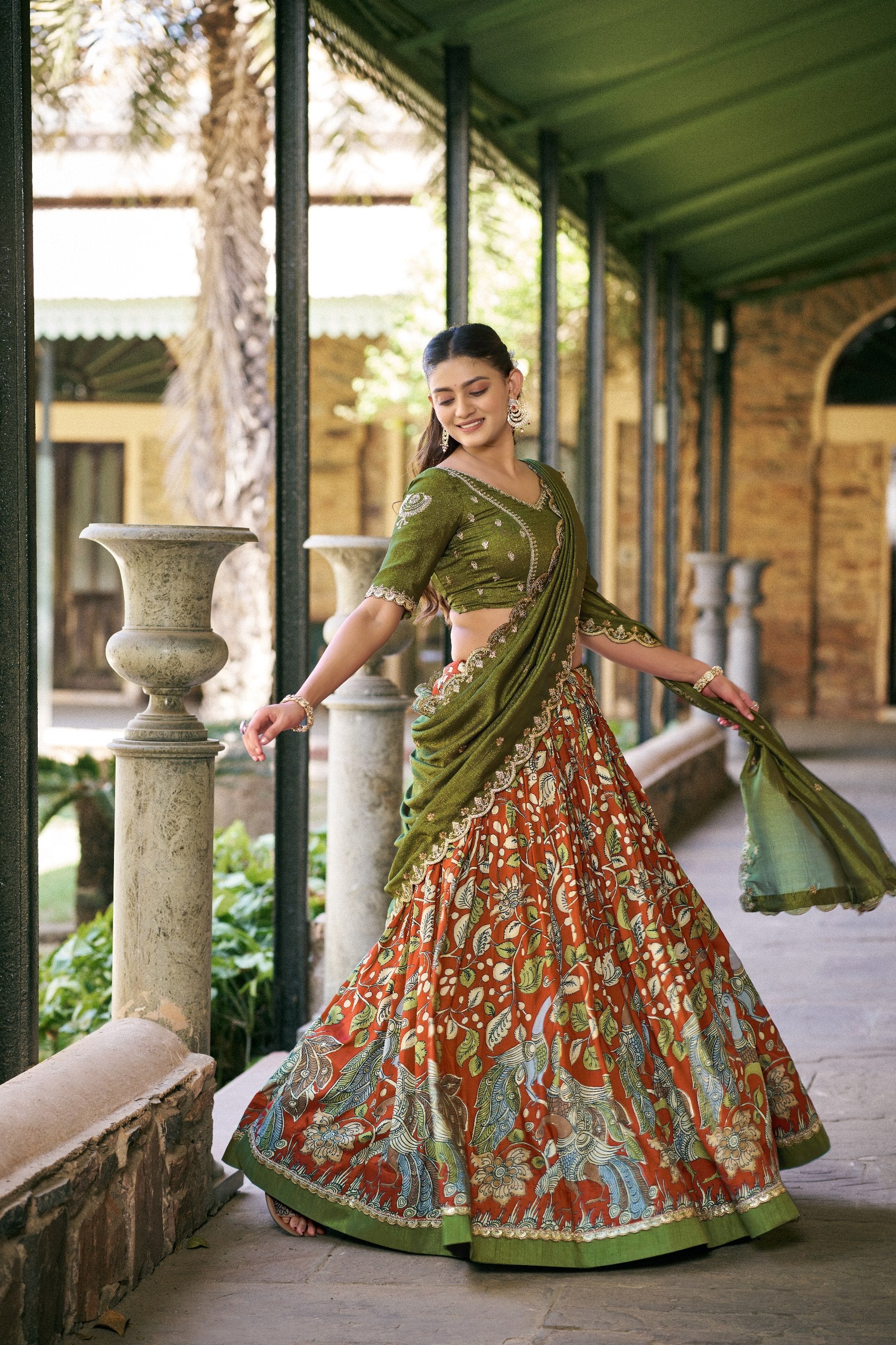 Womenline Royal Green Color Tussar Silk Kalamkari Printed Lehenga Choli