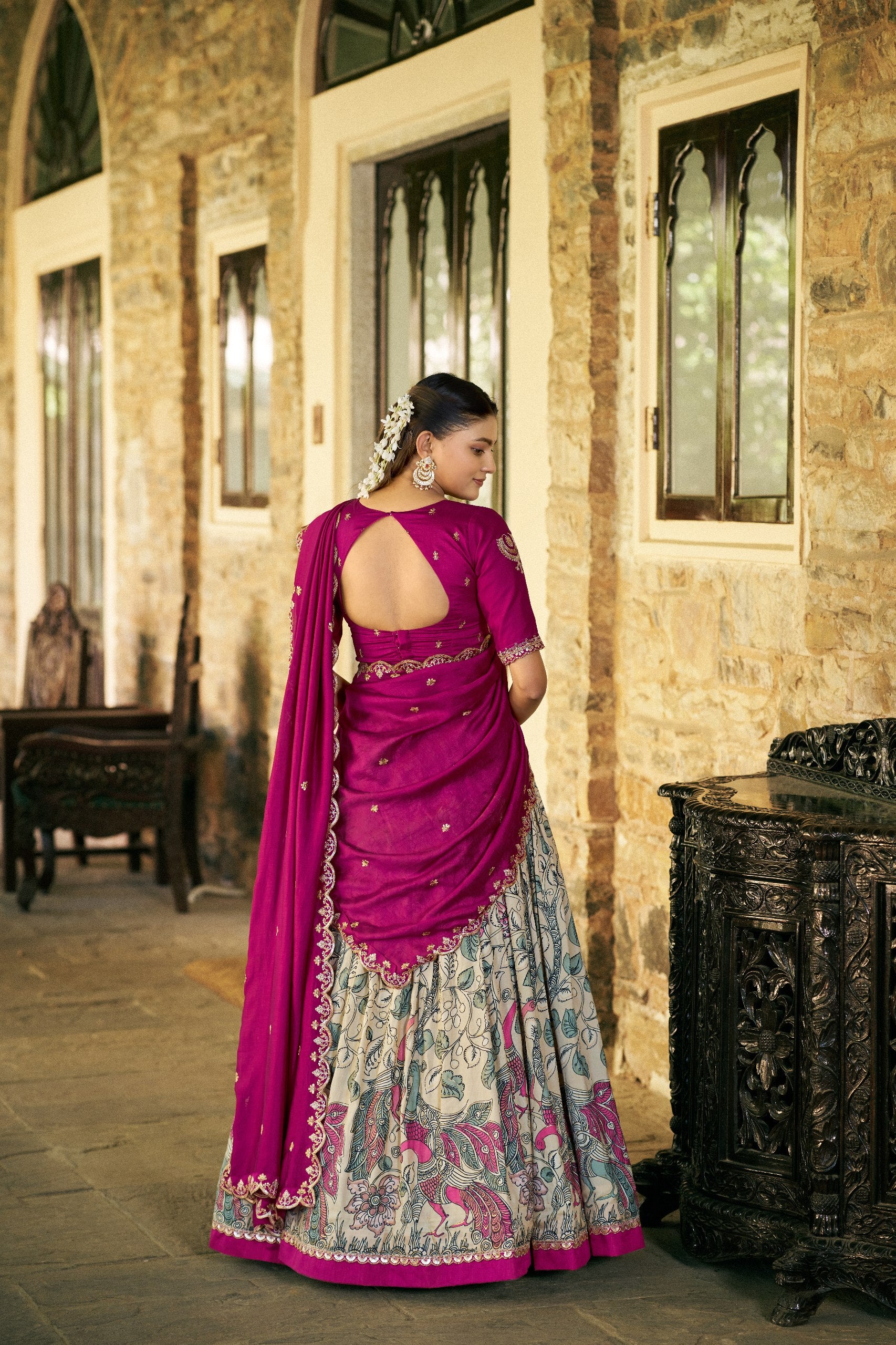 Womenline Cream Color Tussar Silk Kalamkari Printed Lehenga Choli