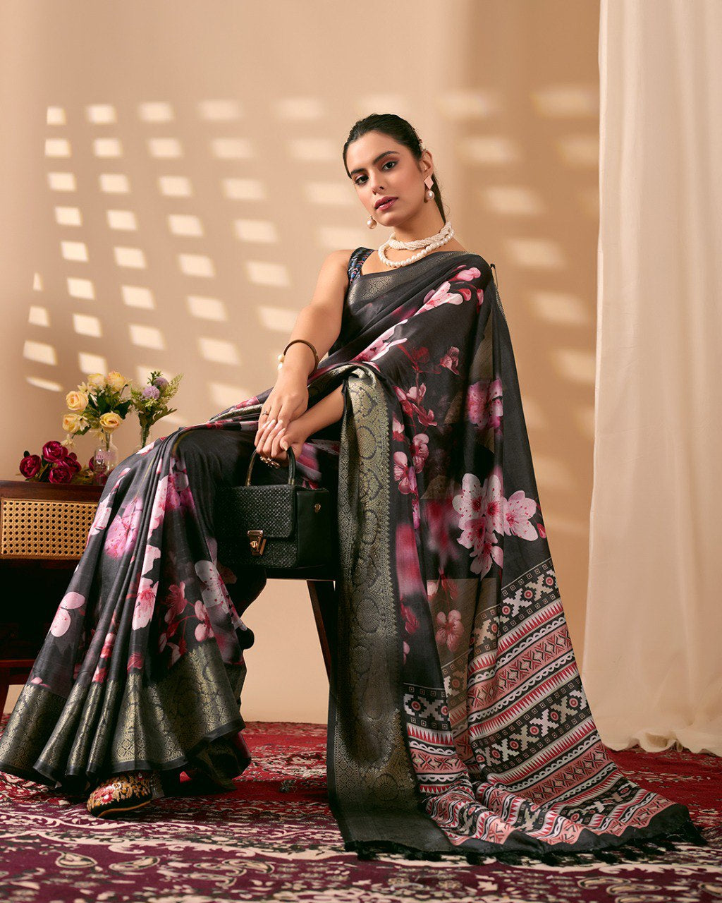 Womenline Black Floral Banarasi Silk Saree with Silver Zari Border & Designer Ethnic Pallu