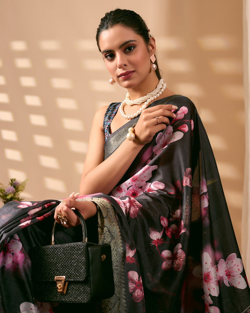 Womenline Black Floral Banarasi Silk Saree with Silver Zari Border & Designer Ethnic Pallu