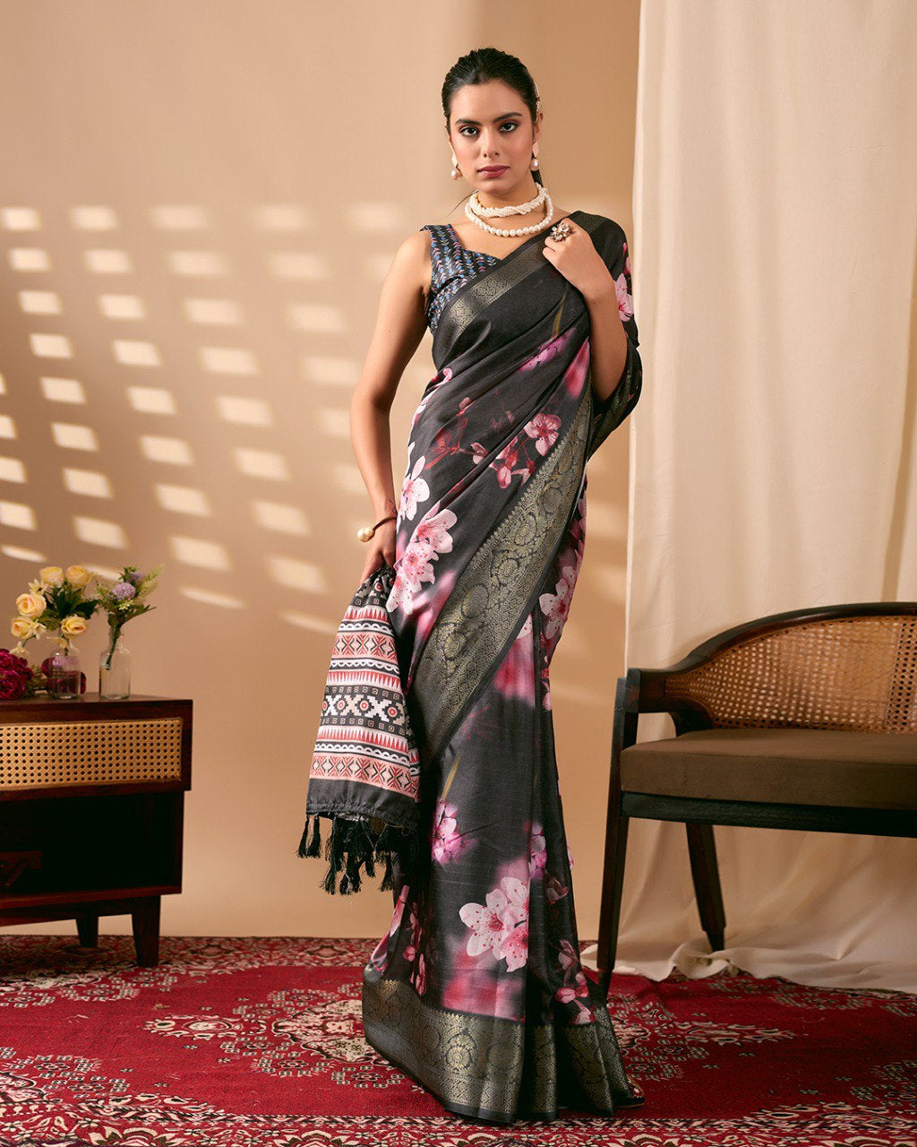 Womenline Black Floral Banarasi Silk Saree with Silver Zari Border & Designer Ethnic Pallu
