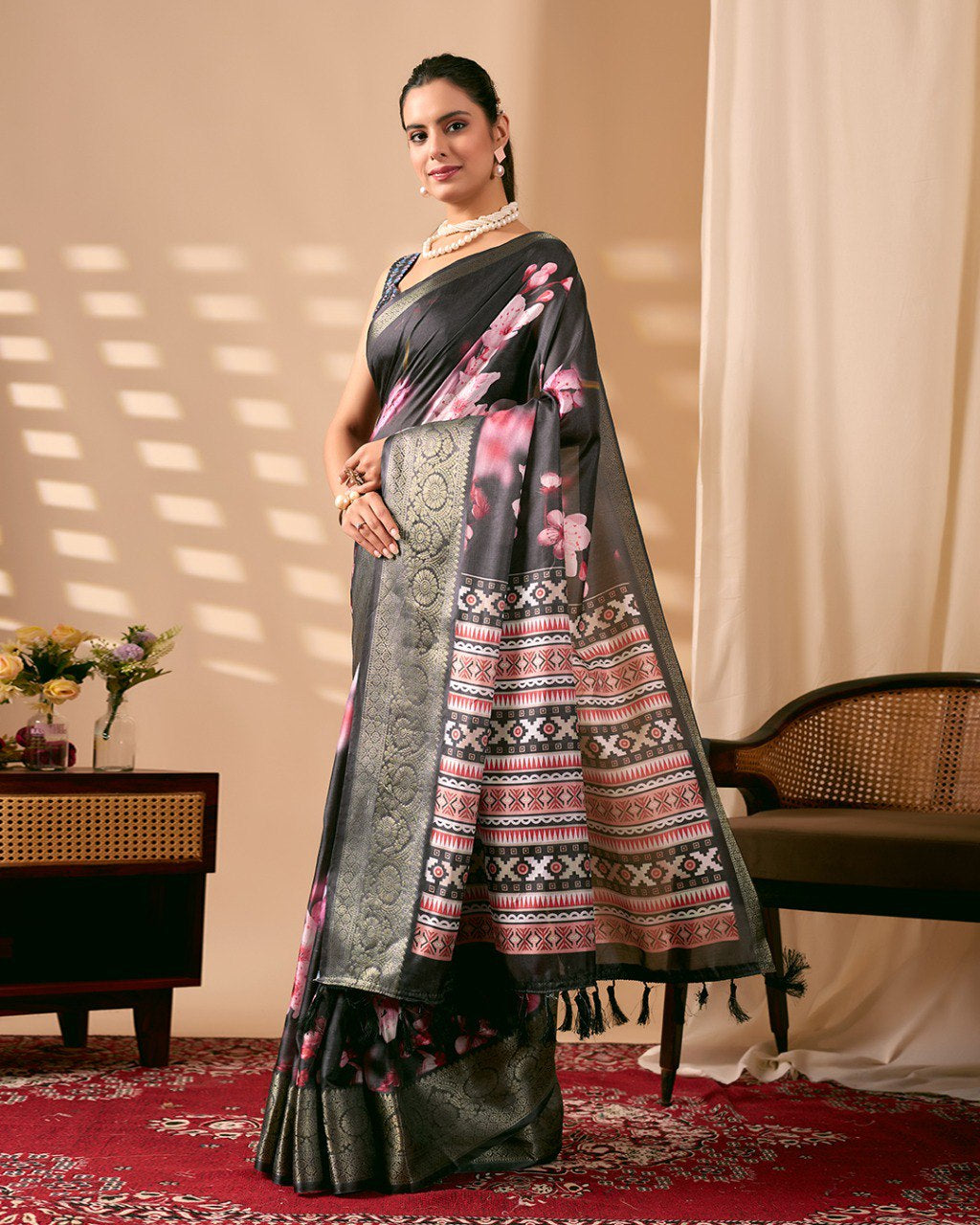 Womenline Black Floral Banarasi Silk Saree with Silver Zari Border & Designer Ethnic Pallu