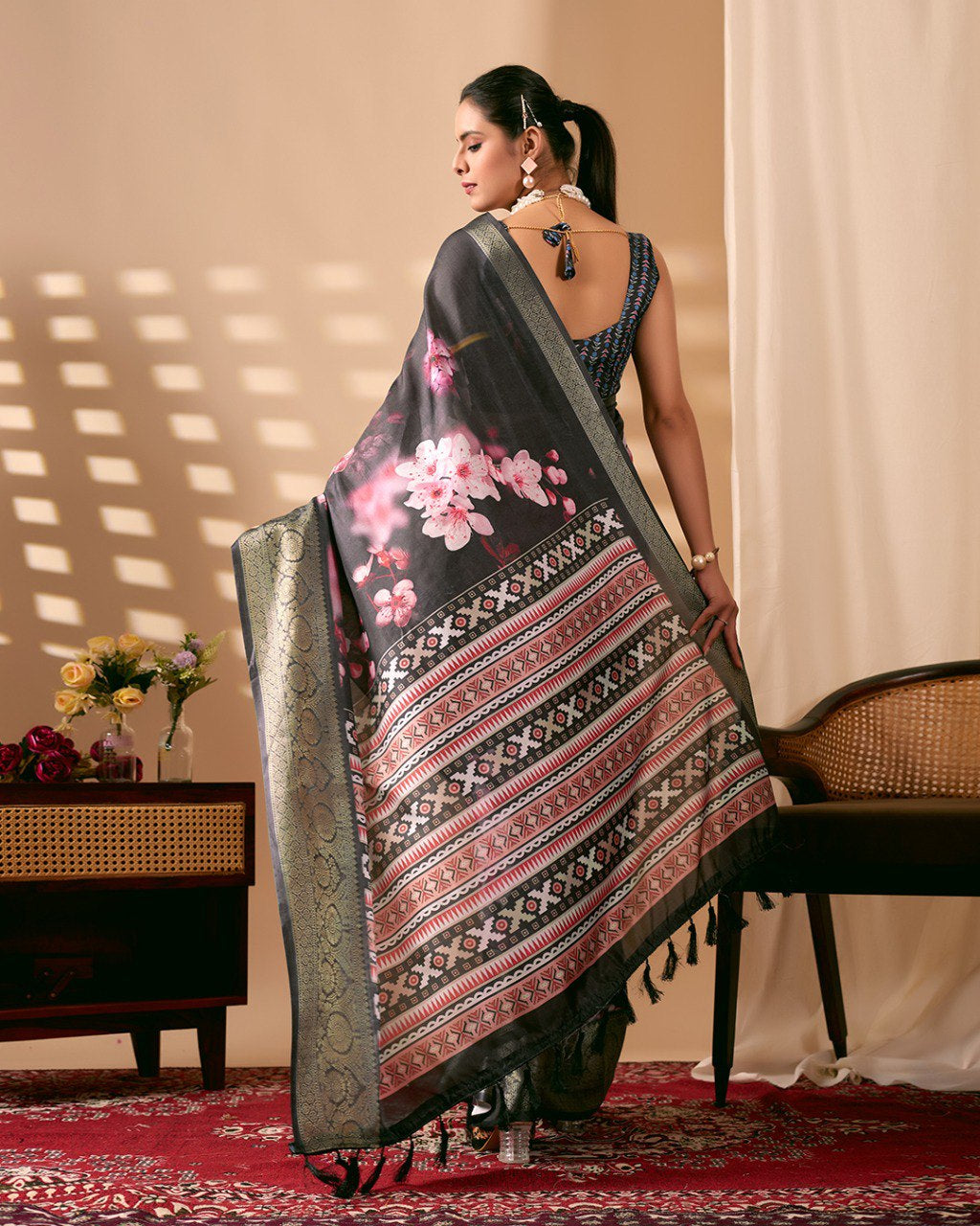 Womenline Black Floral Banarasi Silk Saree with Silver Zari Border & Designer Ethnic Pallu
