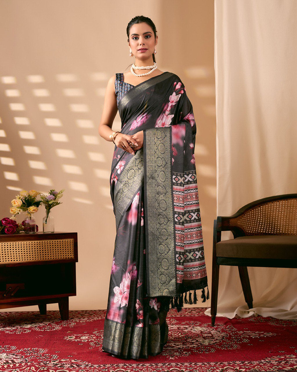 Womenline Black Floral Banarasi Silk Saree with Silver Zari Border & Designer Ethnic Pallu