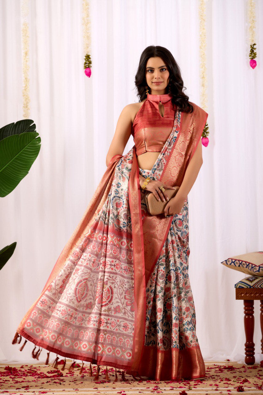 Womenline Cream Floral Banarasi Silk Saree with Rose Gold Zari Border & Heritage Woven Pallu