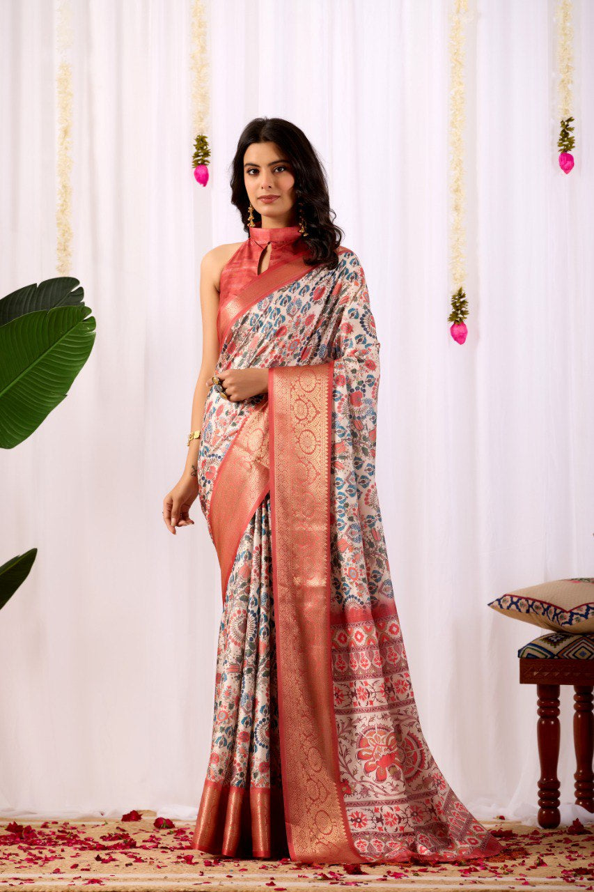 Womenline Cream Floral Banarasi Silk Saree with Rose Gold Zari Border & Heritage Woven Pallu