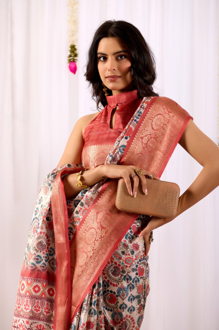 Womenline Cream Floral Banarasi Silk Saree with Rose Gold Zari Border & Heritage Woven Pallu