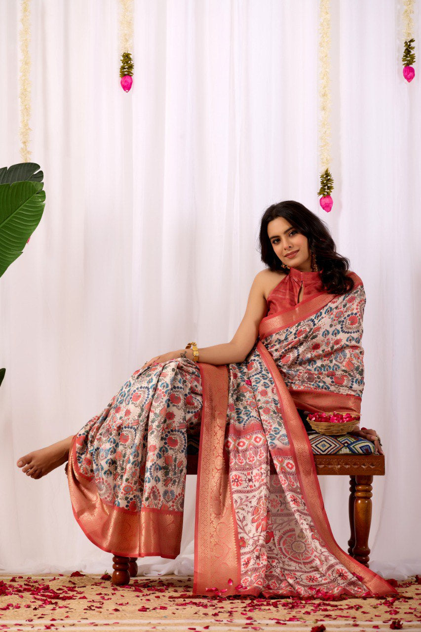 Womenline Cream Floral Banarasi Silk Saree with Rose Gold Zari Border & Heritage Woven Pallu