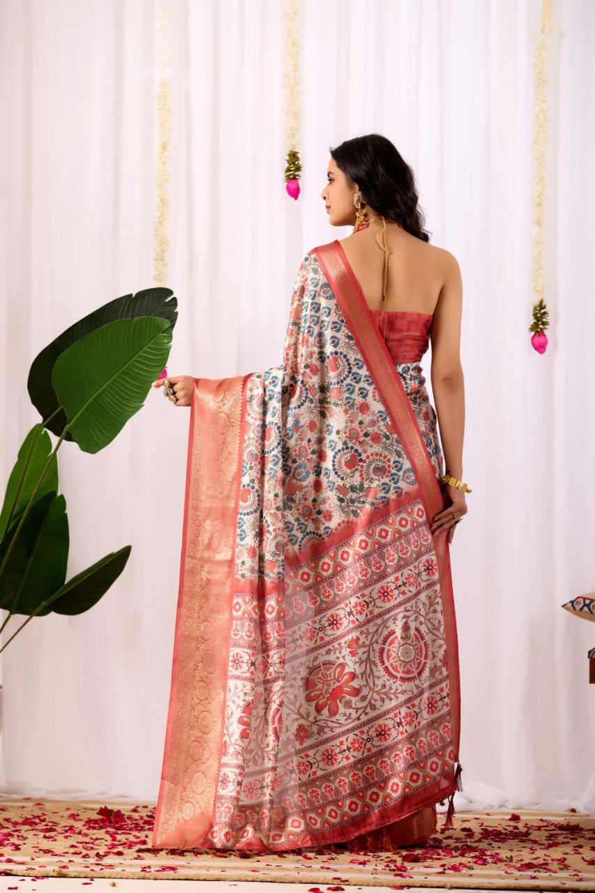 Womenline Cream Floral Banarasi Silk Saree with Rose Gold Zari Border & Heritage Woven Pallu