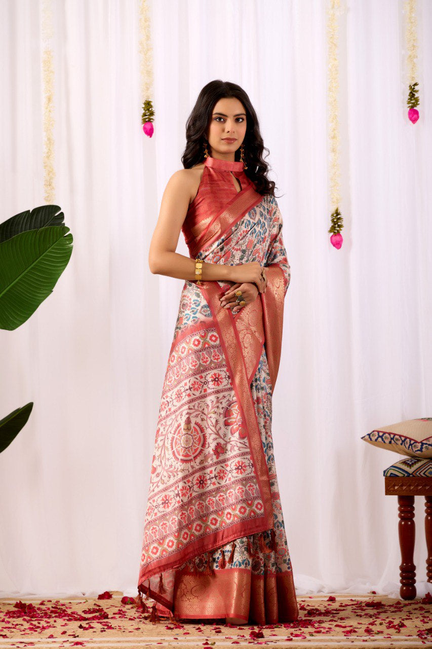 Womenline Cream Floral Banarasi Silk Saree with Rose Gold Zari Border & Heritage Woven Pallu
