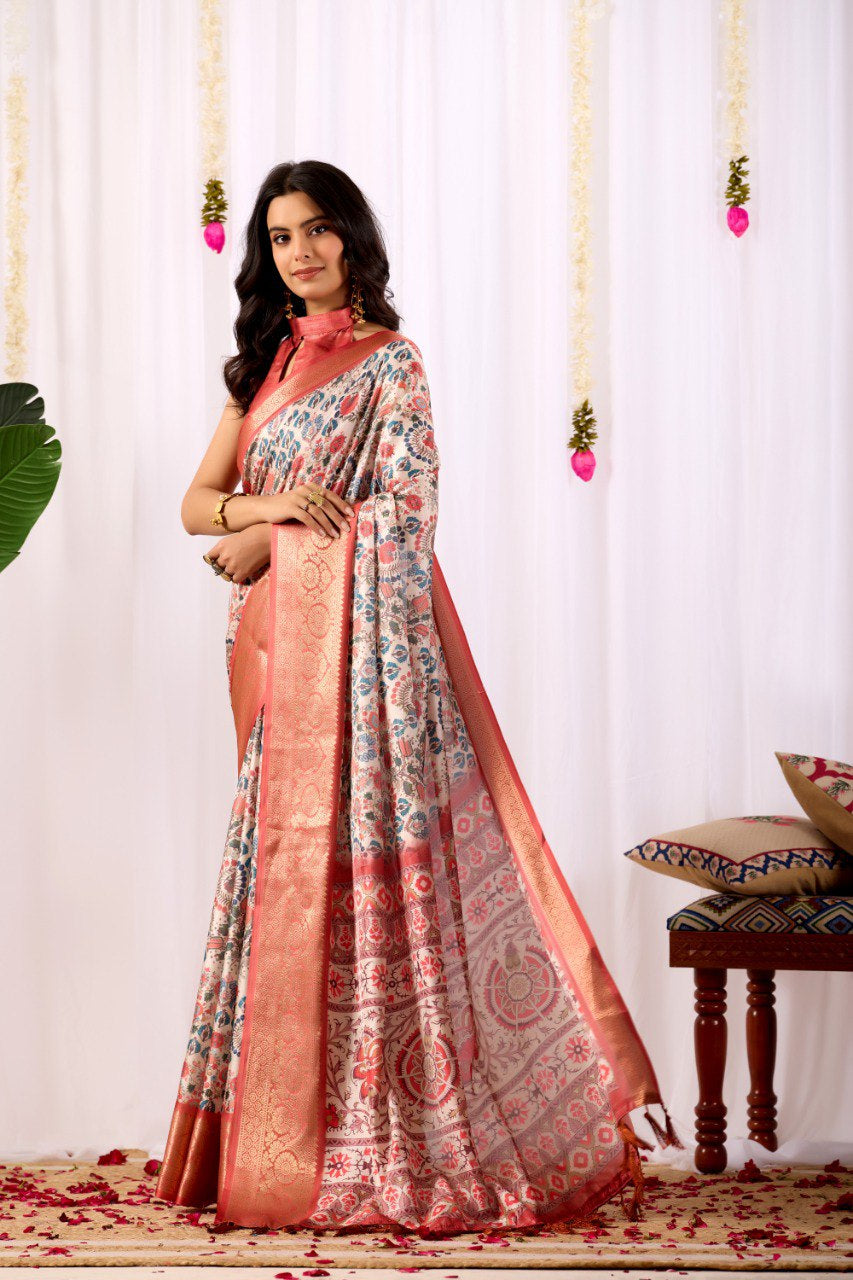 Womenline Cream Floral Banarasi Silk Saree with Rose Gold Zari Border & Heritage Woven Pallu