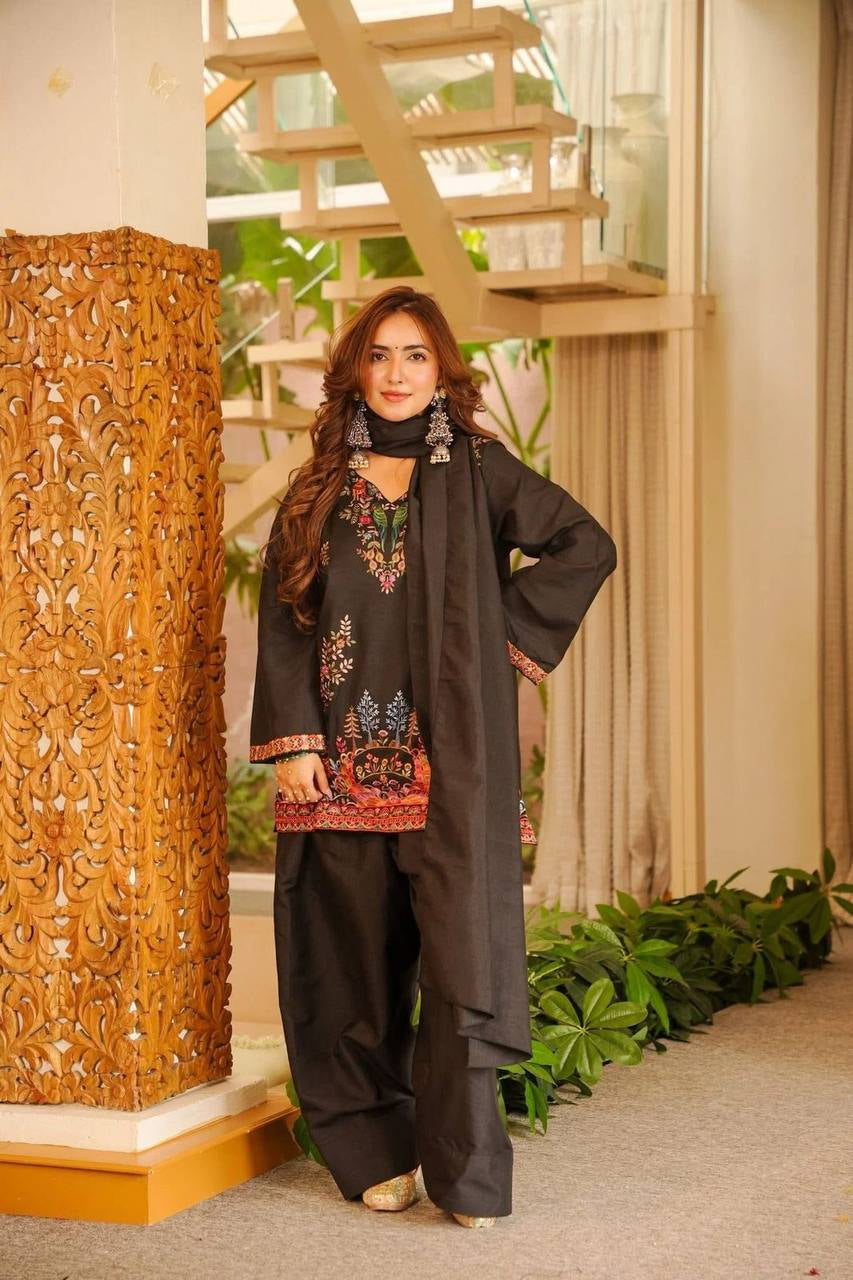 Womenline Black Floral Printed Kurta Palazzo Set with Dupatta