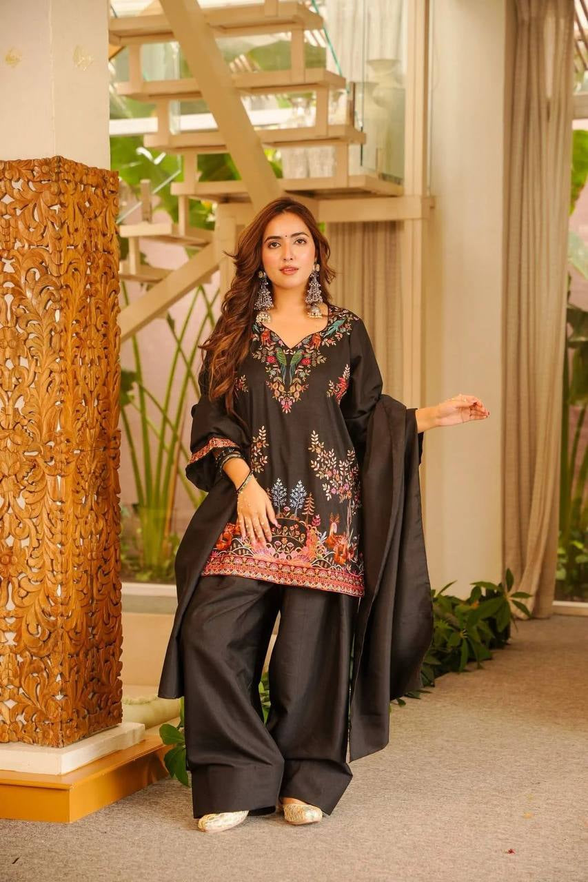 Womenline Black Floral Printed Kurta Palazzo Set with Dupatta