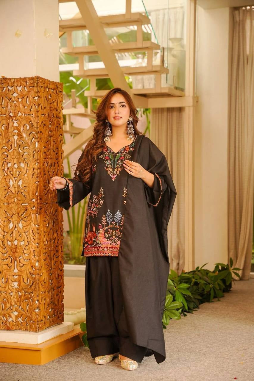 Womenline Black Floral Printed Kurta Palazzo Set with Dupatta