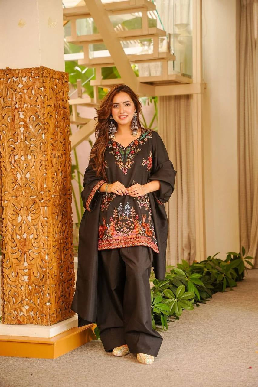 Womenline Black Floral Printed Kurta Palazzo Set with Dupatta
