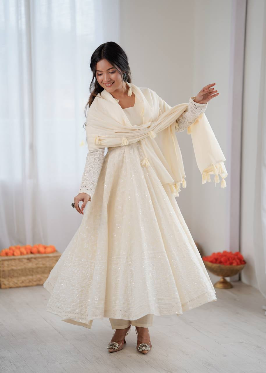 Womenline Ivory Chikankari Georgette Anarkali Set with Dupatta