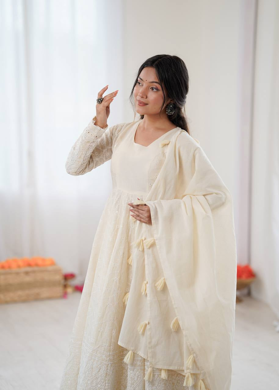 Womenline Ivory Chikankari Georgette Anarkali Set with Dupatta