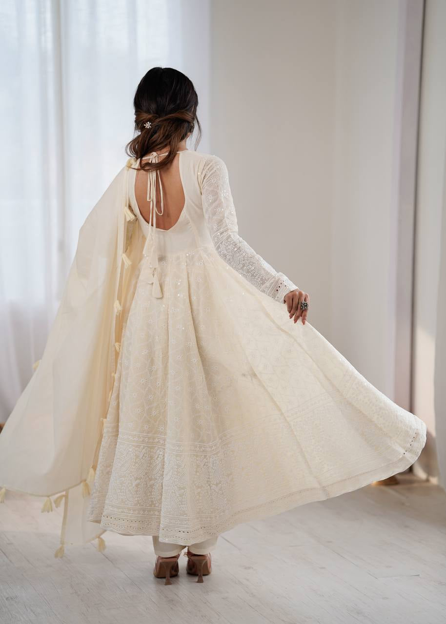 Womenline Ivory Chikankari Georgette Anarkali Set with Dupatta