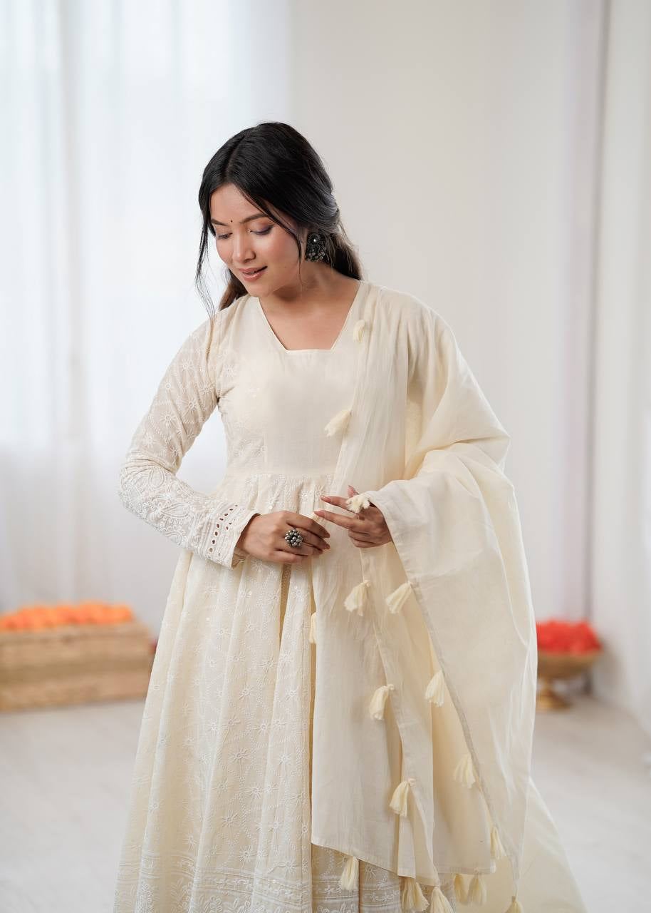 Womenline Ivory Chikankari Georgette Anarkali Set with Dupatta