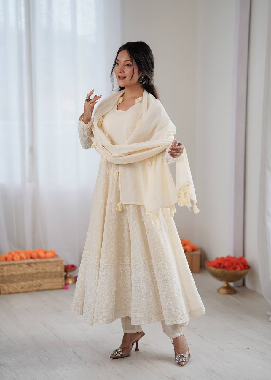 Womenline Ivory Chikankari Georgette Anarkali Set with Dupatta