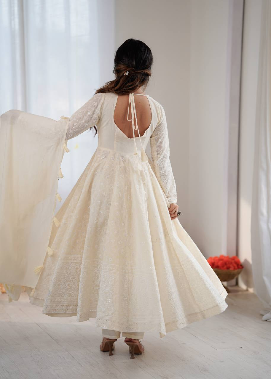 Womenline Ivory Chikankari Georgette Anarkali Set with Dupatta
