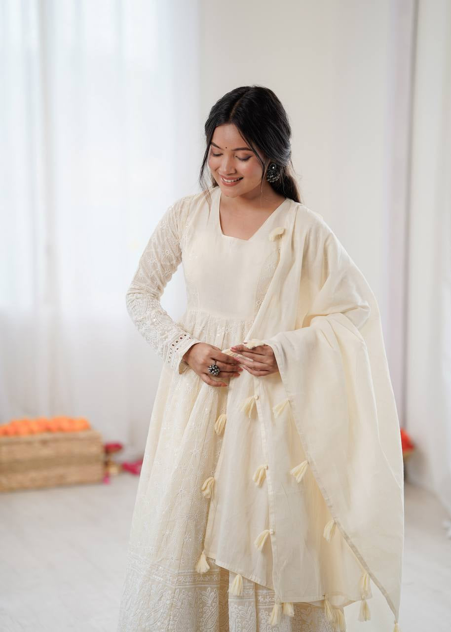 Womenline Ivory Chikankari Georgette Anarkali Set with Dupatta