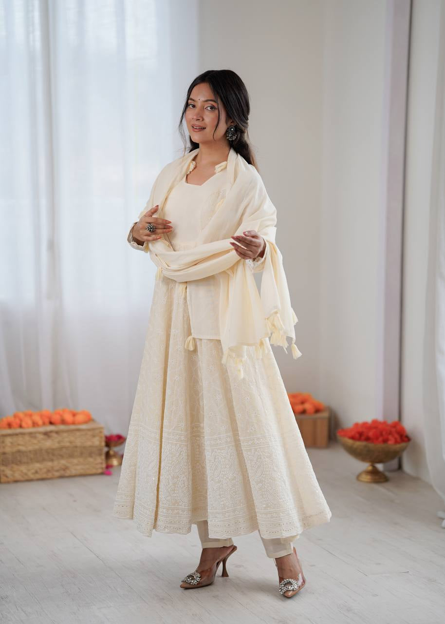 Womenline Ivory Chikankari Georgette Anarkali Set with Dupatta