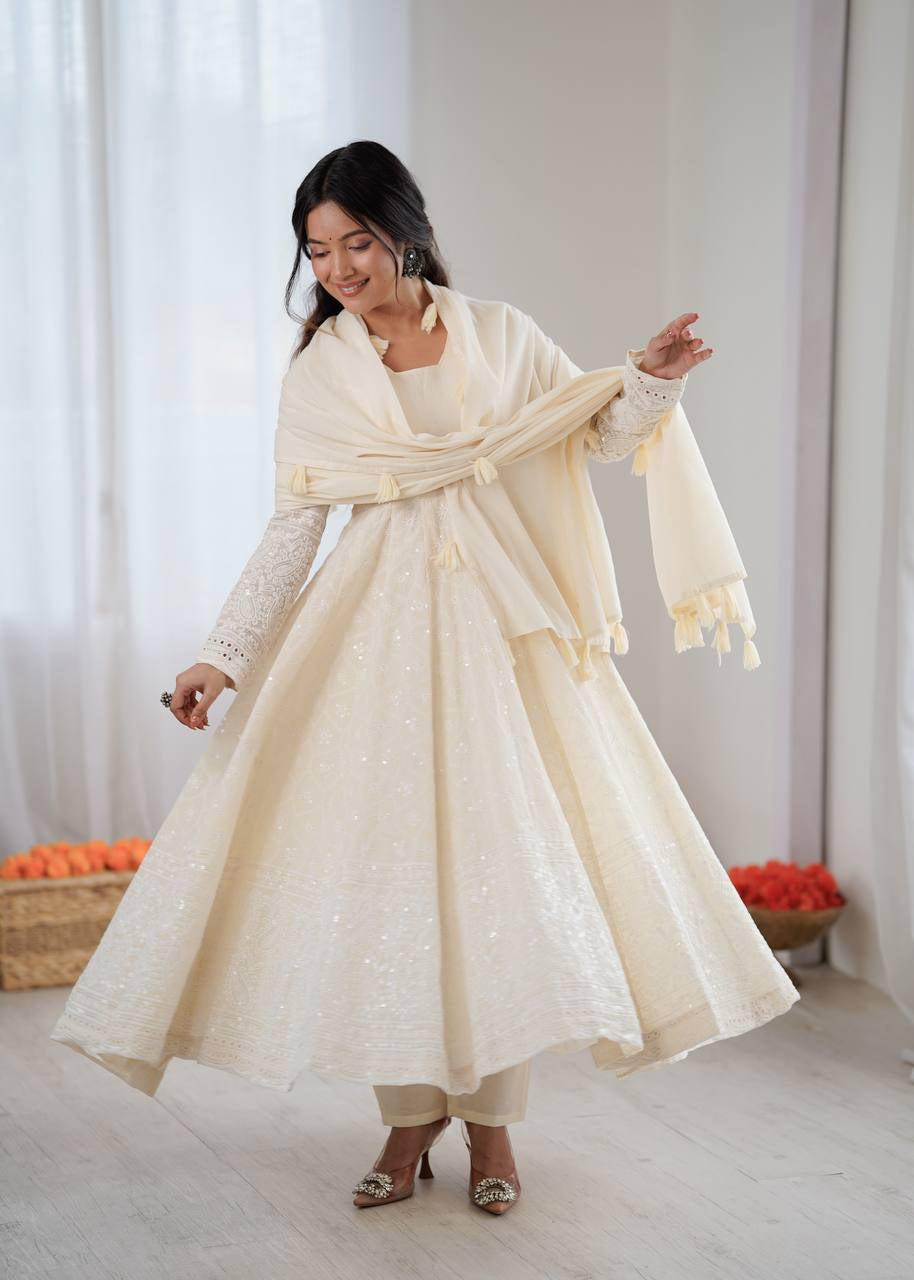 Womenline Ivory Chikankari Georgette Anarkali Set with Dupatta