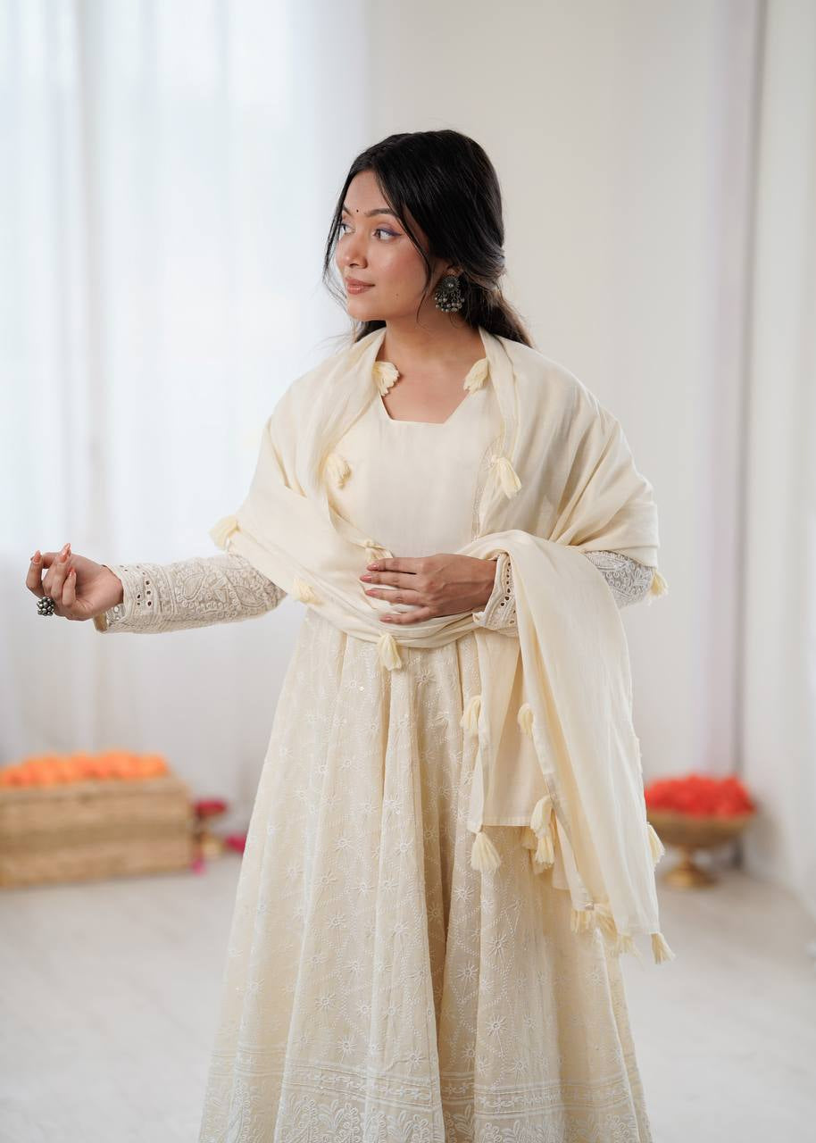 Womenline Ivory Chikankari Georgette Anarkali Set with Dupatta
