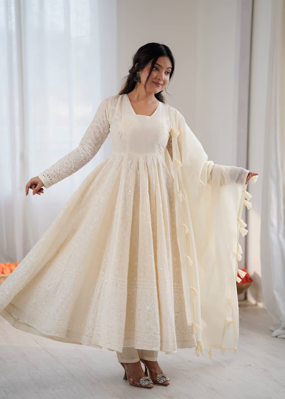 Womenline Ivory Chikankari Georgette Anarkali Set with Dupatta