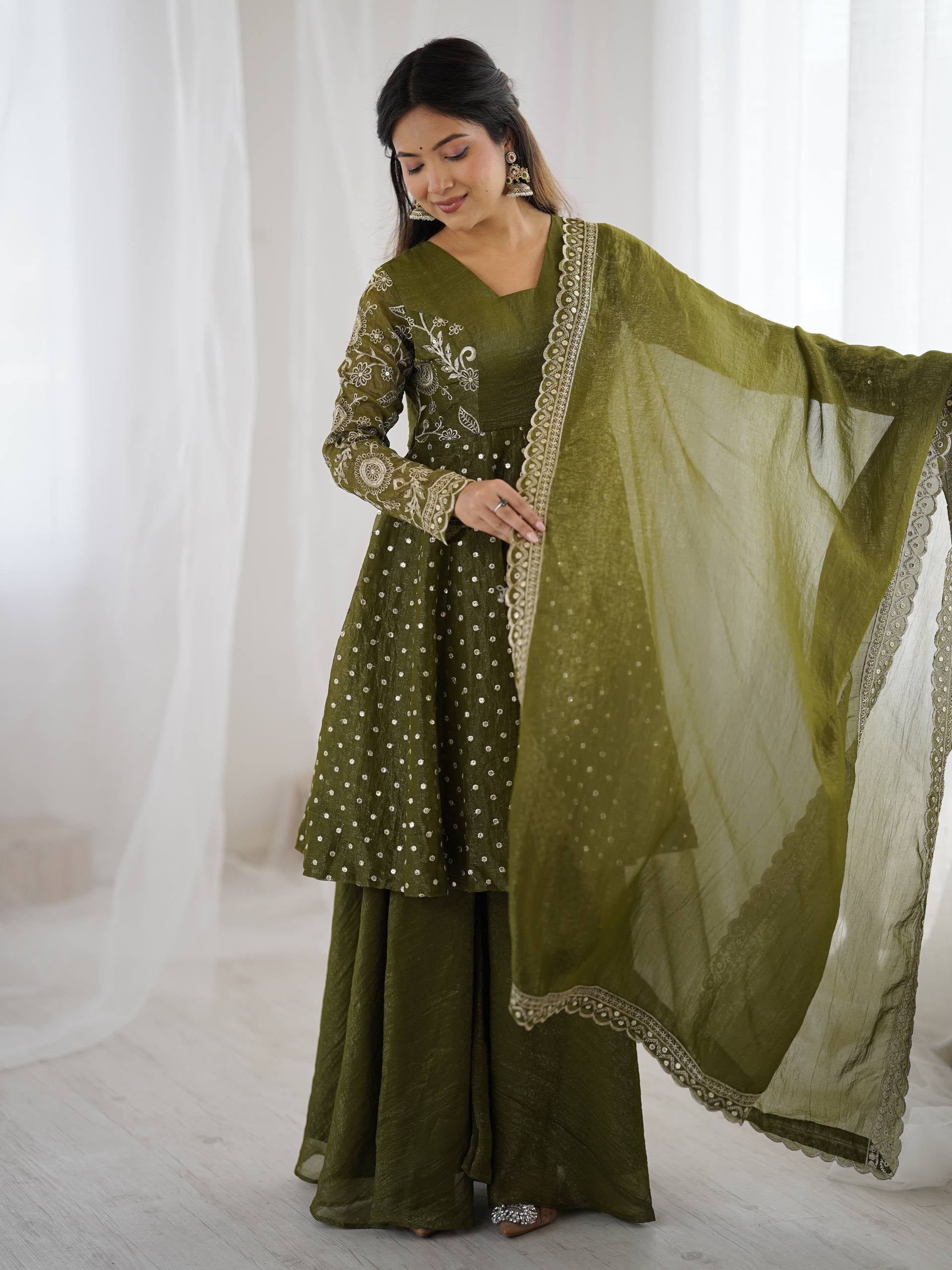 Womenline Olive Enchantress Designer Sharara Suit Set with Embroidered Dupatta