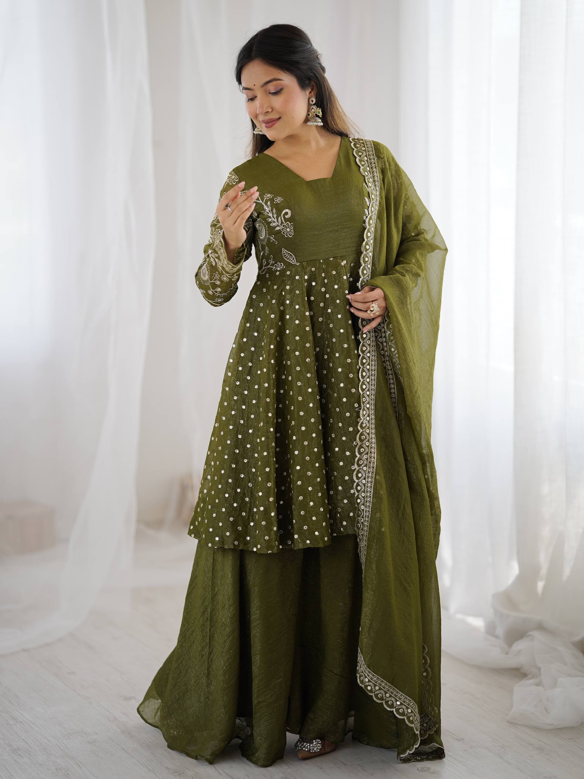 Womenline Olive Enchantress Designer Sharara Suit Set with Embroidered Dupatta
