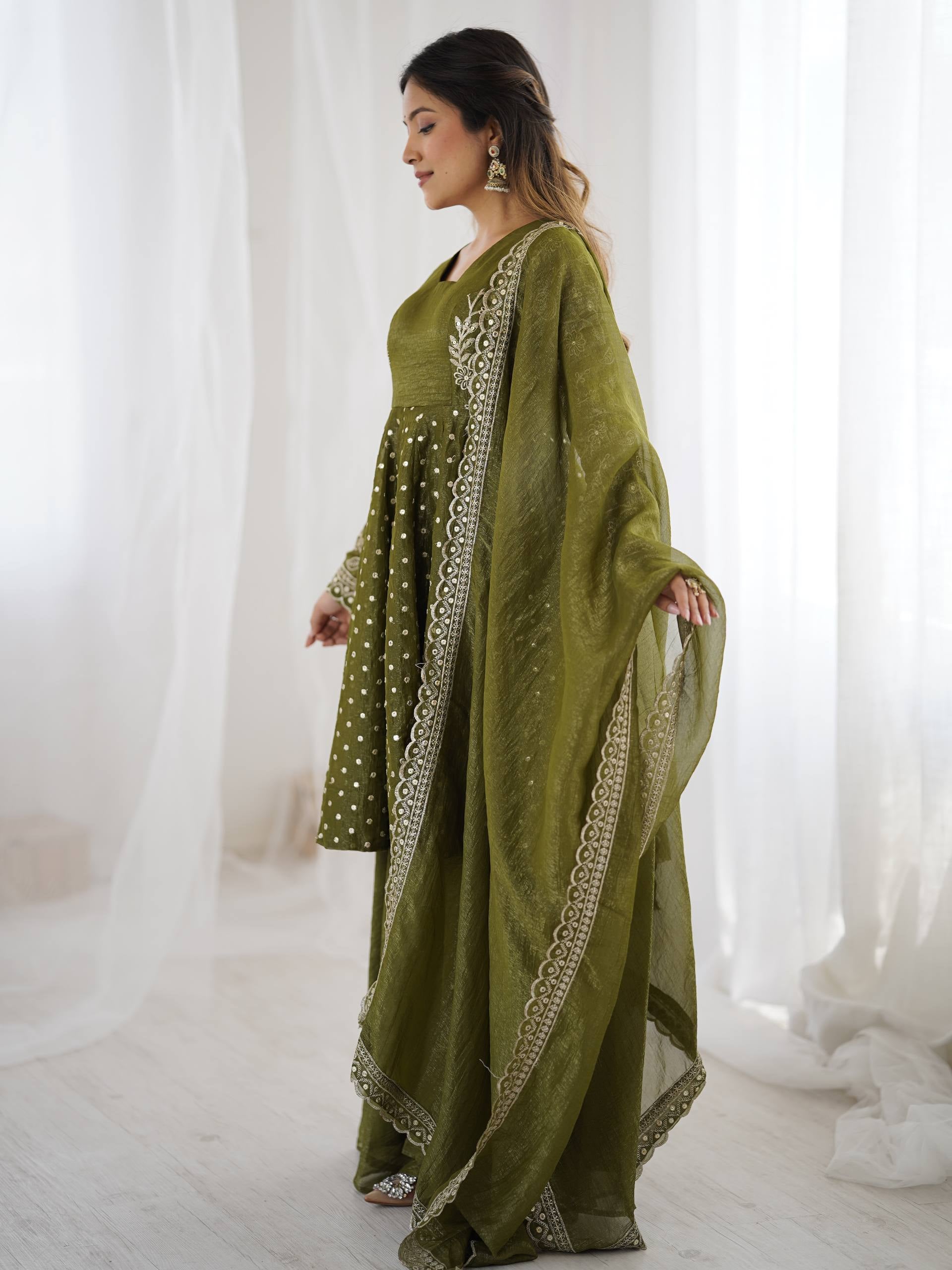 Womenline Olive Enchantress Designer Sharara Suit Set with Embroidered Dupatta