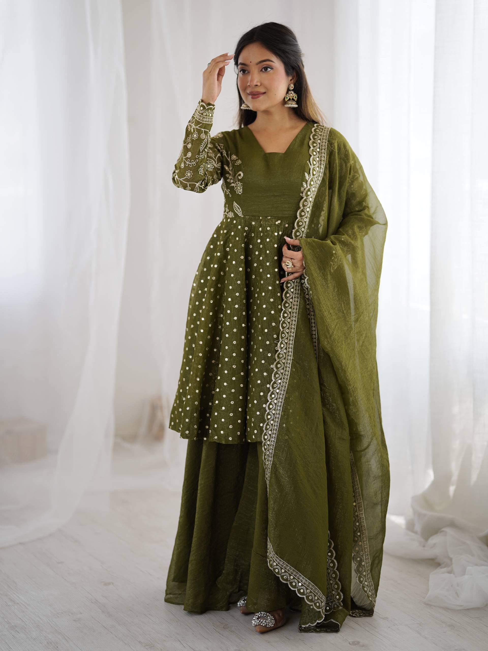 Womenline Olive Enchantress Designer Sharara Suit Set with Embroidered Dupatta