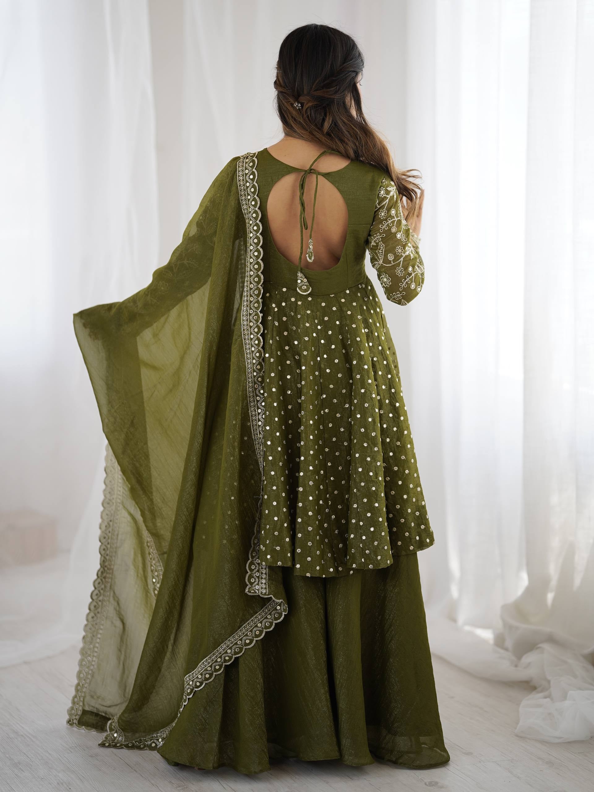 Womenline Olive Enchantress Designer Sharara Suit Set with Embroidered Dupatta