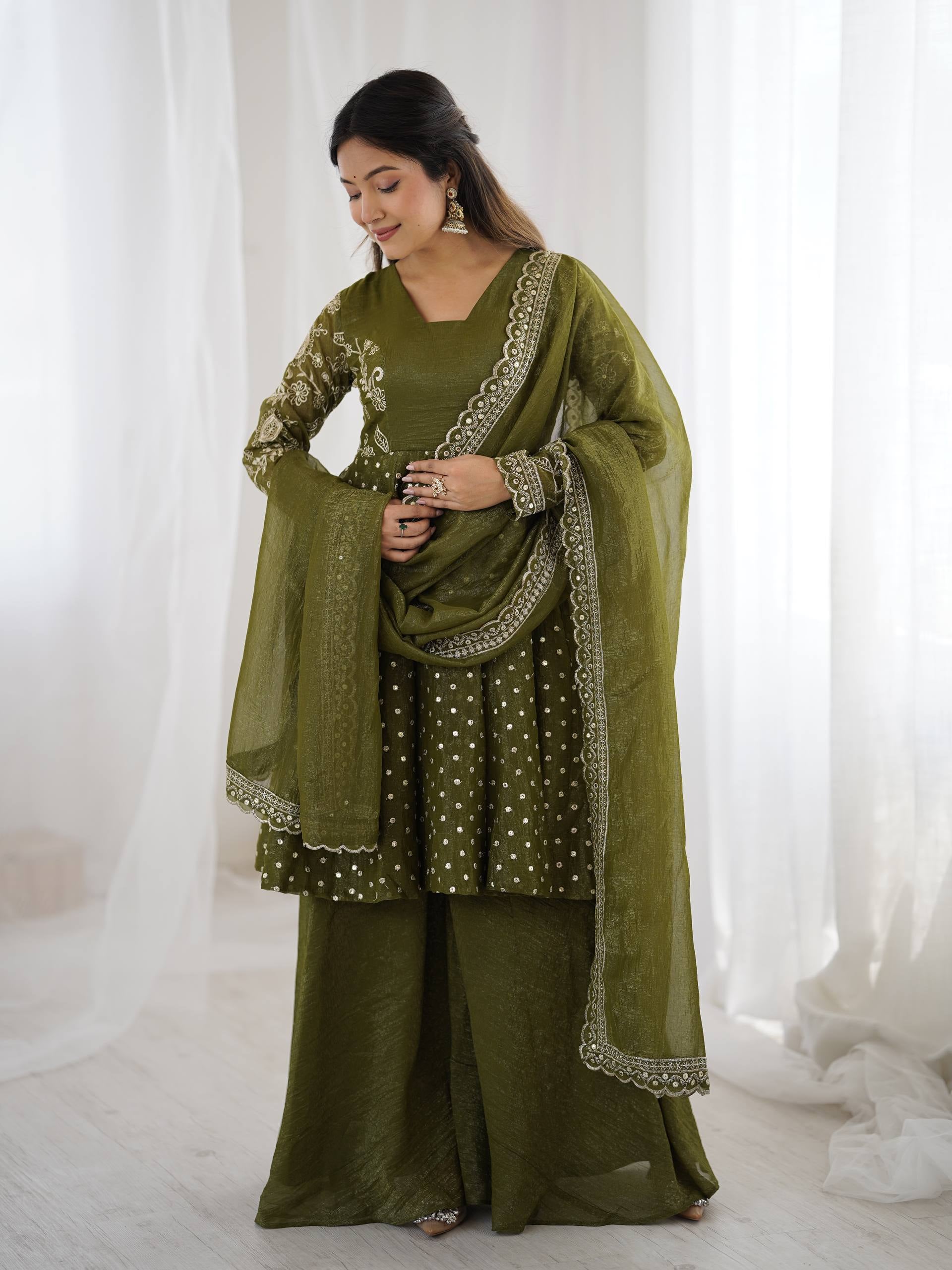 Womenline Olive Enchantress Designer Sharara Suit Set with Embroidered Dupatta
