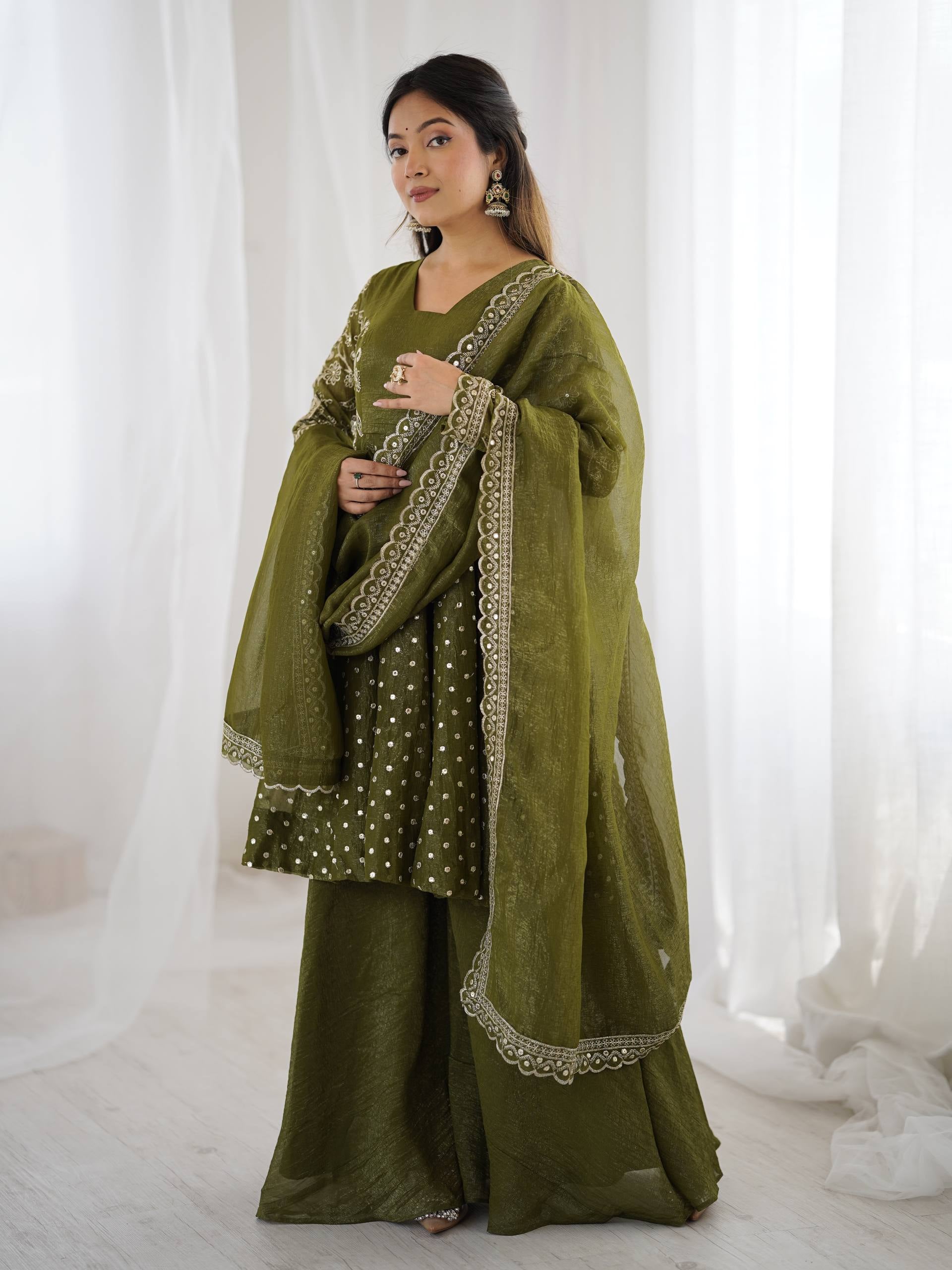 Womenline Olive Enchantress Designer Sharara Suit Set with Embroidered Dupatta