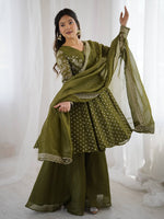 Womenline Olive Enchantress Designer Sharara Suit Set with Embroidered Dupatta